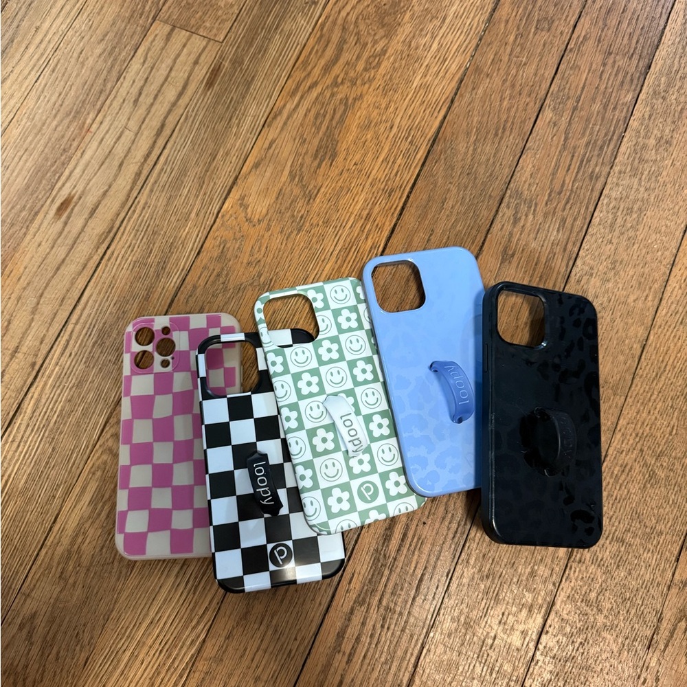 4 iPhone 12 Pro Loopy Cases - Green smiley, cheetah black & purple, checkered